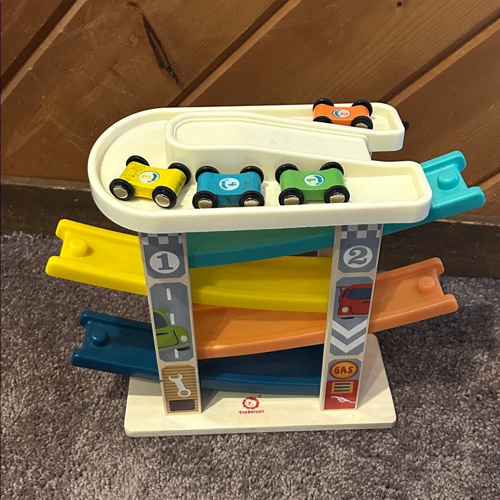 Toddler Montessori Style Wooden RaceTrack Car Ramp Toy w/ 4 Mini Cars